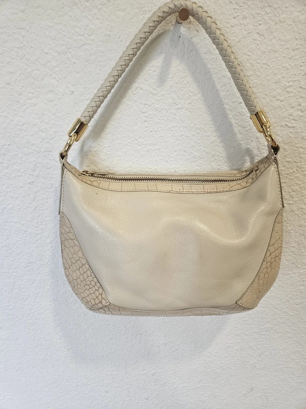 Kate Landry Cream Leather Hobo Bag Braided Strap Mock Croc Accent